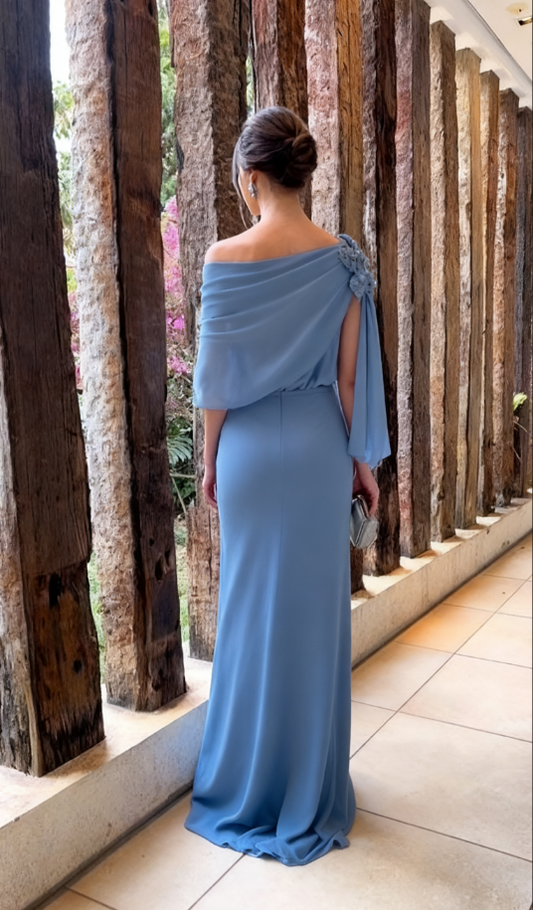 Vintage Dusty Blue Off-Shoulder Sheath Floral Applique Chiffon Mother of the Bride Dress DP7146