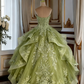 Robe de bal de quinceañera glamour vert clair à appliques florales, en tulle à sequins, bustier, coupe trapèze, DP7152