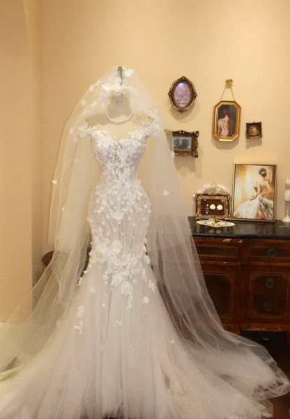 Elegant White Applique Off-Shoulder Wedding Dress Mermaid Tulle Bridal Gown DP7160