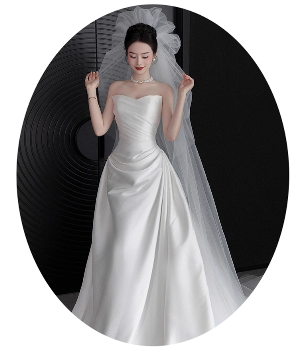 Ethereal Satin Wedding Dress Classic A-Line Strapless Bow-Embellished Bridal Gown DP7205