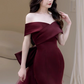 Vintage Burgundy Off-Shoulder Mermaid Dramatic Tulle Train & Bow Evening Gown DP7207