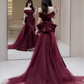 Vintage Burgundy Off-Shoulder Mermaid Dramatic Tulle Train & Bow Evening Gown DP7207