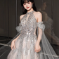 Vintage Silver Sequin Halter-Neck A-Line Tulle Cape & 3D Petal Evening Gown DP7208