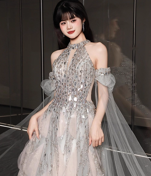 Vintage Silver Sequin Halter-Neck A-Line Tulle Cape & 3D Petal Evening Gown DP7208
