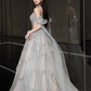 Vintage Silver Sequin Halter-Neck A-Line Tulle Cape & 3D Petal Evening Gown DP7208
