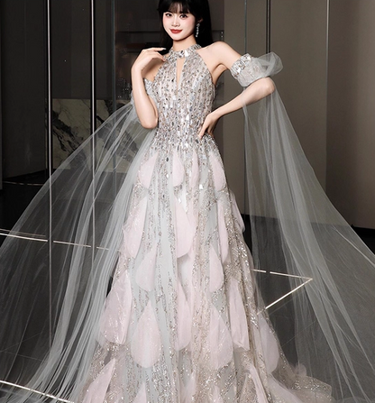 Vintage Silver Sequin Halter-Neck A-Line Tulle Cape & 3D Petal Evening Gown DP7208