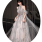 Vintage Silver Sequin Halter-Neck A-Line Tulle Cape & 3D Petal Evening Gown DP7208