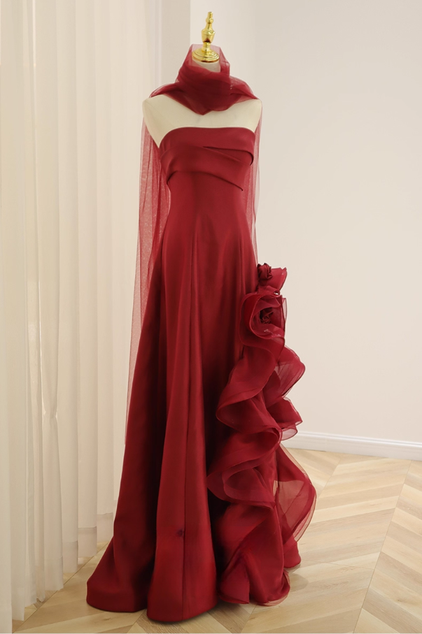 Elegant Burgundy Chiffon Ruffled Floral A-Line Strapless Evening Gown DP7211