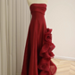 Elegant Burgundy Chiffon Ruffled Floral A-Line Strapless Evening Gown DP7211