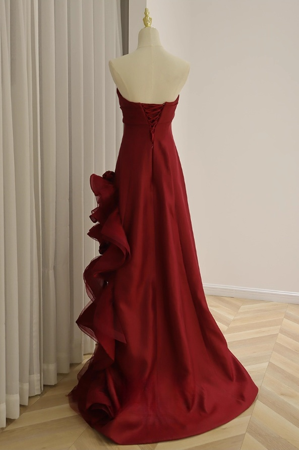 Elegant Burgundy Chiffon Ruffled Floral A-Line Strapless Evening Gown DP7211