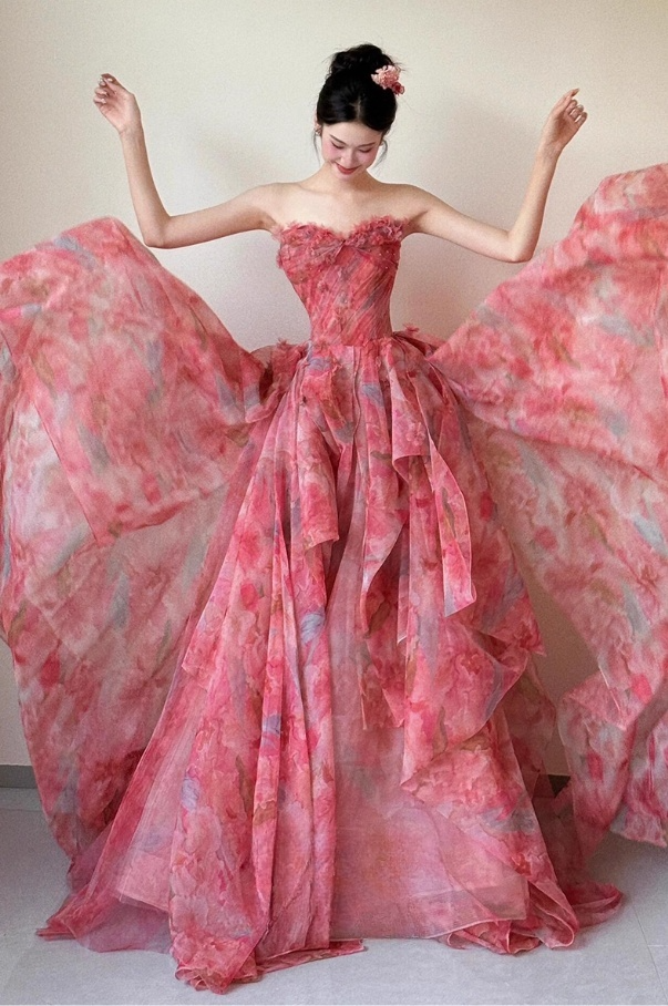 Elegant Pink Chiffon Floral A-Line Sweetheart Strapless Ruffled Layers Evening Gown DP7212