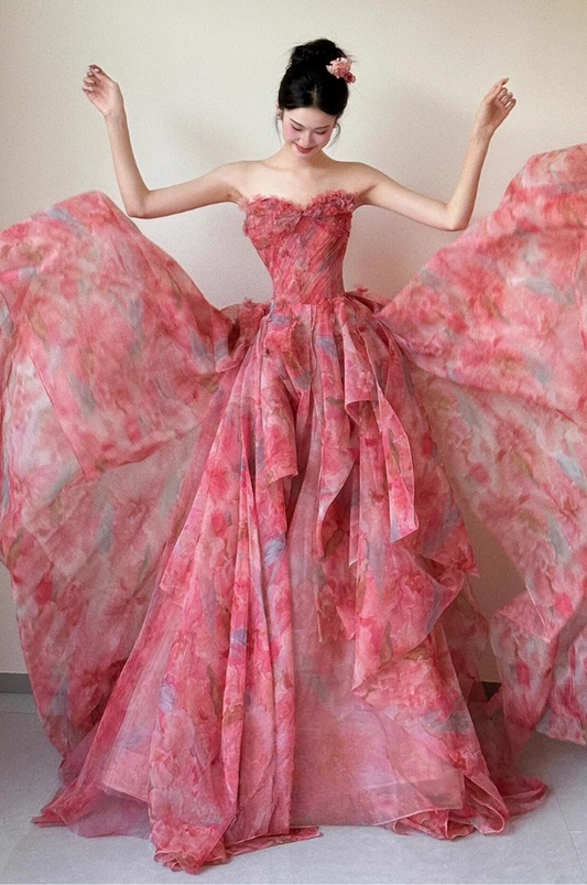 Elegant Pink Chiffon Floral A-Line Sweetheart Strapless Ruffled Layers Evening Gown DP7212