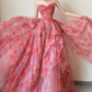 Elegant Pink Chiffon Floral A-Line Sweetheart Strapless Ruffled Layers Evening Gown DP7212