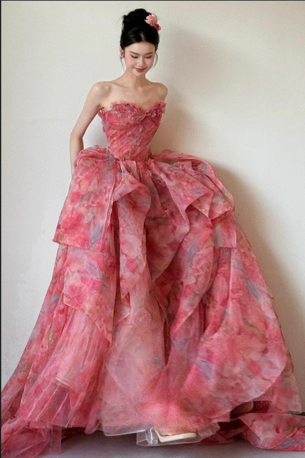 Elegant Pink Chiffon Floral A-Line Sweetheart Strapless Ruffled Layers Evening Gown DP7212