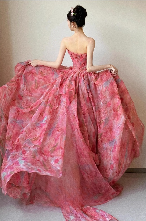 Elegant Pink Chiffon Floral A-Line Sweetheart Strapless Ruffled Layers Evening Gown DP7212
