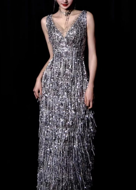 Chic Silver Sequin Fringe Sheath Plunging V-Neck Evening Gown DP7213