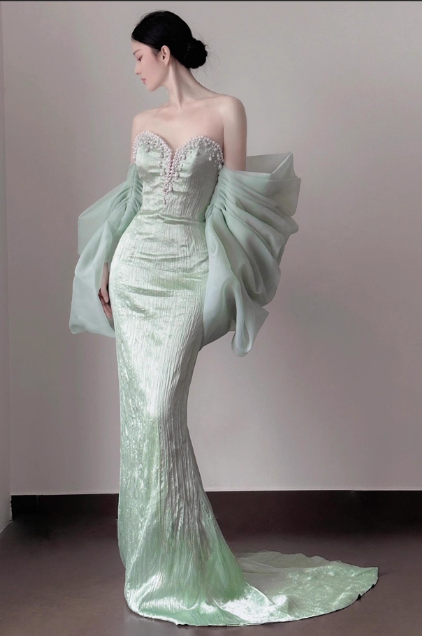 Elegant Mint Green Strapless with Ruffled Sleeves Pearl Sweetheart Sheath Evening Gown DP7215