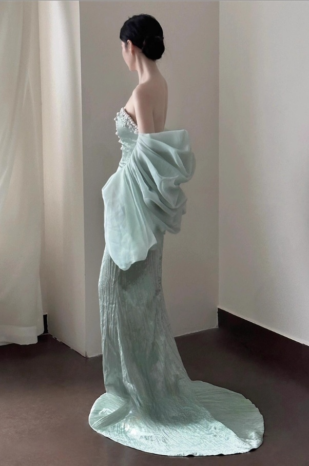 Elegant Mint Green Strapless with Ruffled Sleeves Pearl Sweetheart Sheath Evening Gown DP7215
