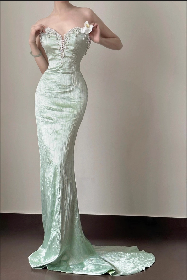 Elegant Mint Green Strapless with Ruffled Sleeves Pearl Sweetheart Sheath Evening Gown DP7215