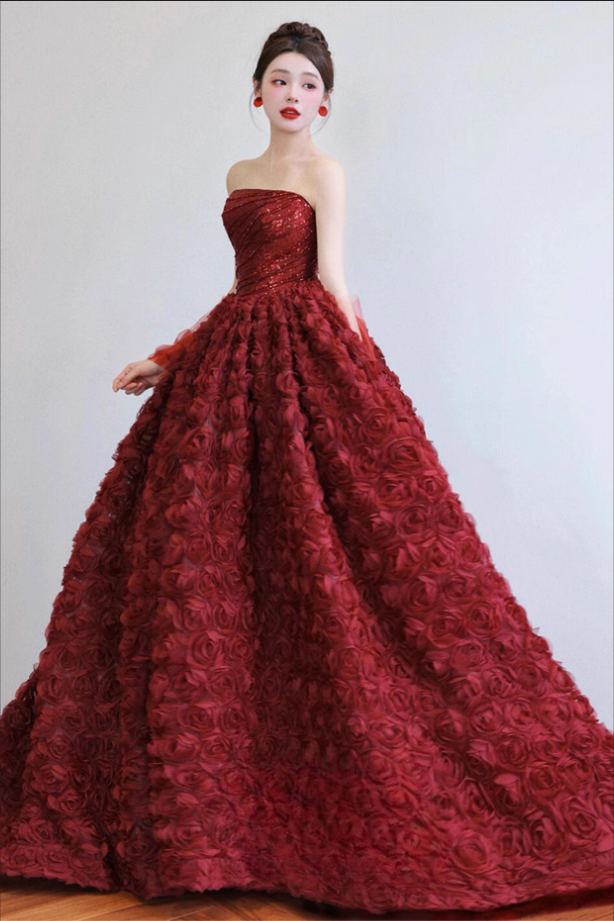 Robe de bal glamour bordeaux sans bretelles à sequins et roses 3D pour Quinceañera ou Sweet 15 DP7214