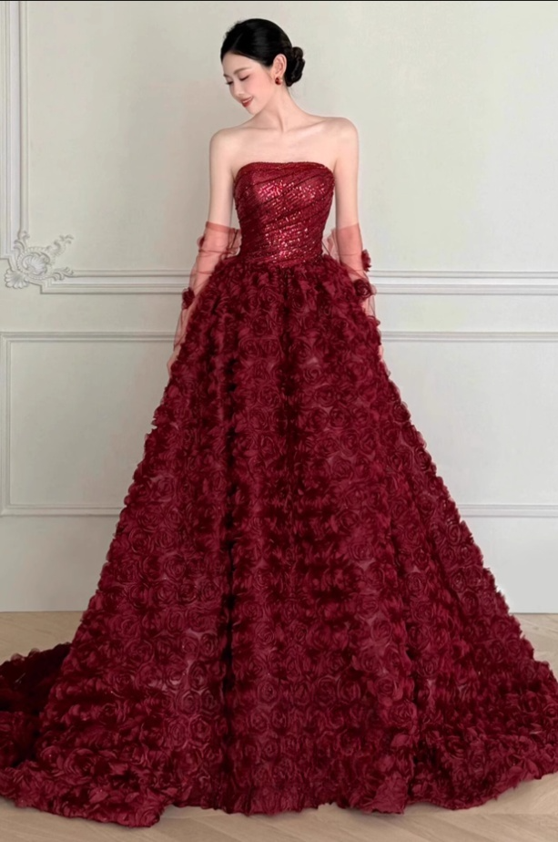 Robe de bal glamour bordeaux sans bretelles à sequins et roses 3D pour Quinceañera ou Sweet 15 DP7214
