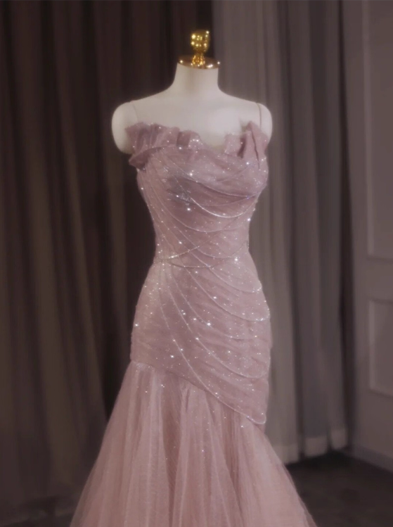 Elegant Pink Strapless Sequin Mermaid Tulle Evening Gown DP7217