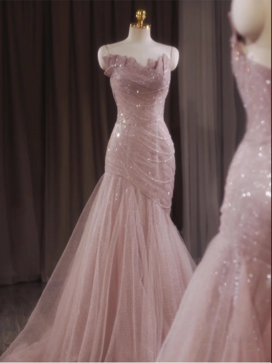 Elegant Pink Strapless Sequin Mermaid Tulle Evening Gown DP7217