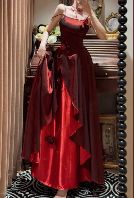 Vintage Two-Tone Red Satin Asymmetric Ruffles Floral Accents Spaghetti Straps Evening Gown DP7262