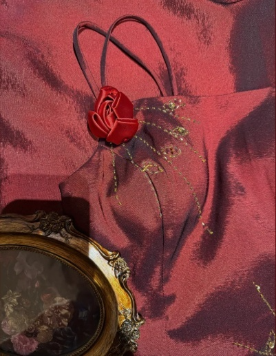 Vintage Two-Tone Red Satin Asymmetric Ruffles Floral Accents Spaghetti Straps Evening Gown DP7262