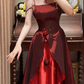 Vintage Two-Tone Red Satin Asymmetric Ruffles Floral Accents Spaghetti Straps Evening Gown DP7262
