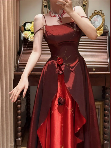 Vintage Two-Tone Red Satin Asymmetric Ruffles Floral Accents Spaghetti Straps Evening Gown DP7262