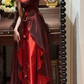 Vintage Two-Tone Red Satin Asymmetric Ruffles Floral Accents Spaghetti Straps Evening Gown DP7262