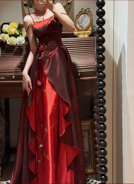 Vintage Two-Tone Red Satin Asymmetric Ruffles Floral Accents Spaghetti Straps Evening Gown DP7262