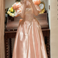 Vintage Pink Satin Puffed Sleeves Intricate Bodice Fairytale Evening Gown DP7263