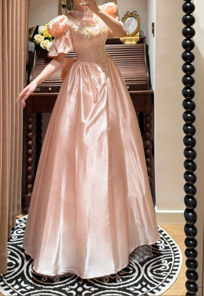 Vintage Pink Satin Puffed Sleeves Intricate Bodice Fairytale Evening Gown DP7263