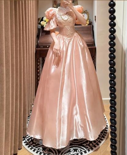 Vintage Pink Satin Puffed Sleeves Intricate Bodice Fairytale Evening Gown DP7263