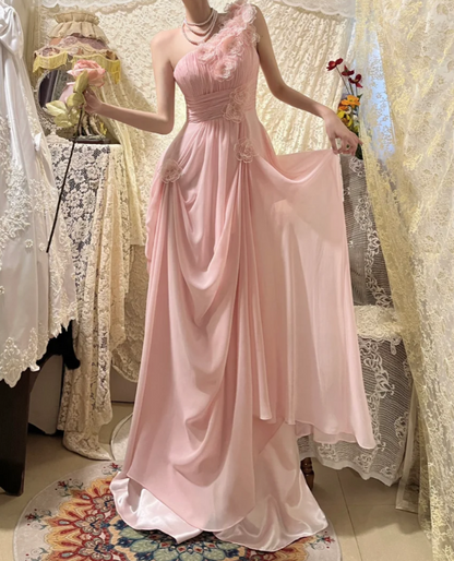 Vintage Pink One-Shoulder Prom Dress Draped Ruffled Lace Floral Detail Chiffon Evening Gown DP7269