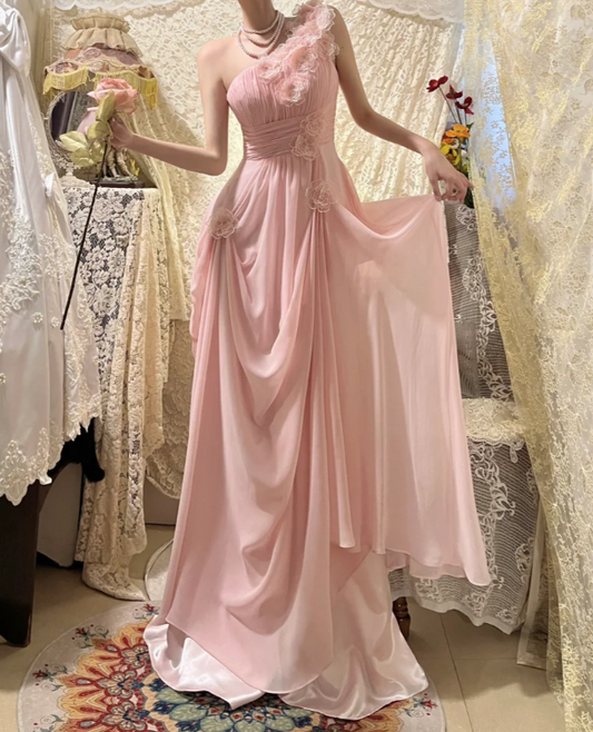 Vintage Pink One-Shoulder Prom Dress Draped Ruffled Lace Floral Detail Chiffon Evening Gown DP7269