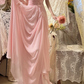 Vintage Pink One-Shoulder Prom Dress Draped Ruffled Lace Floral Detail Chiffon Evening Gown DP7269