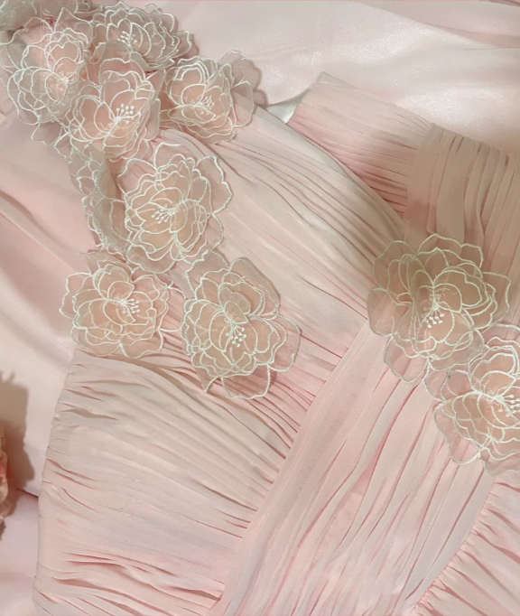 Vintage Pink One-Shoulder Prom Dress Draped Ruffled Lace Floral Detail Chiffon Evening Gown DP7269