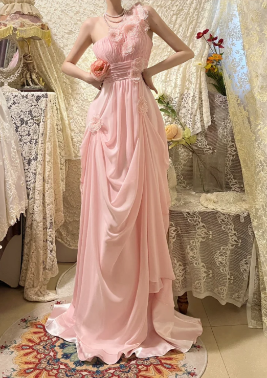 Vintage Pink One-Shoulder Prom Dress Draped Ruffled Lace Floral Detail Chiffon Evening Gown DP7269