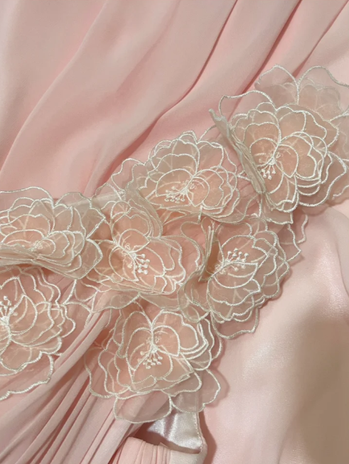 Vintage Pink One-Shoulder Prom Dress Draped Ruffled Lace Floral Detail Chiffon Evening Gown DP7269