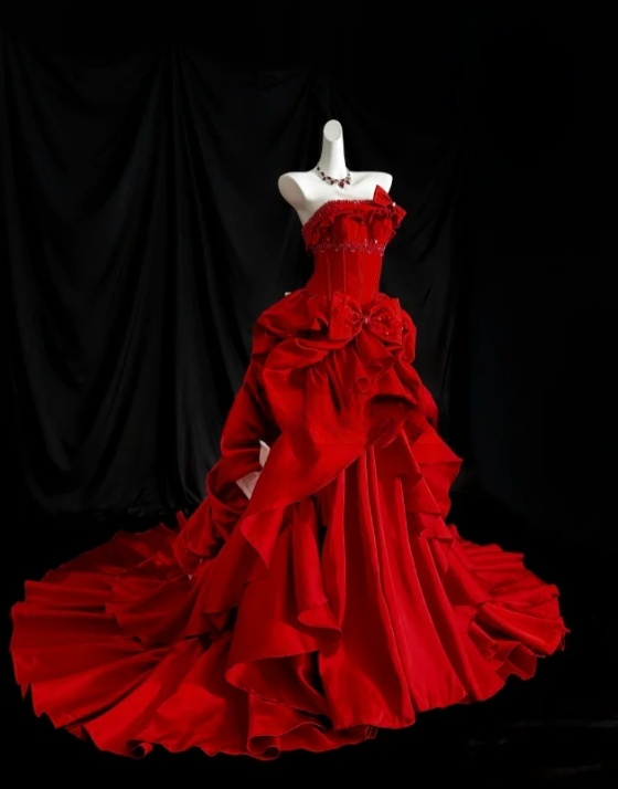 Glamorous Red Strapless Layered Ruffles & Bow Detail Satin Sweet 16 Quinceanera Ball Gown DP7270