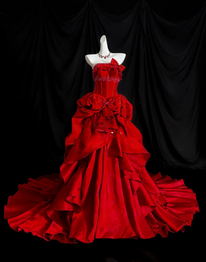 Glamorous Red Strapless Layered Ruffles & Bow Detail Satin Sweet 16 Quinceanera Ball Gown DP7270