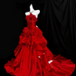 Glamorous Red Strapless Layered Ruffles & Bow Detail Satin Sweet 16 Quinceanera Ball Gown DP7270