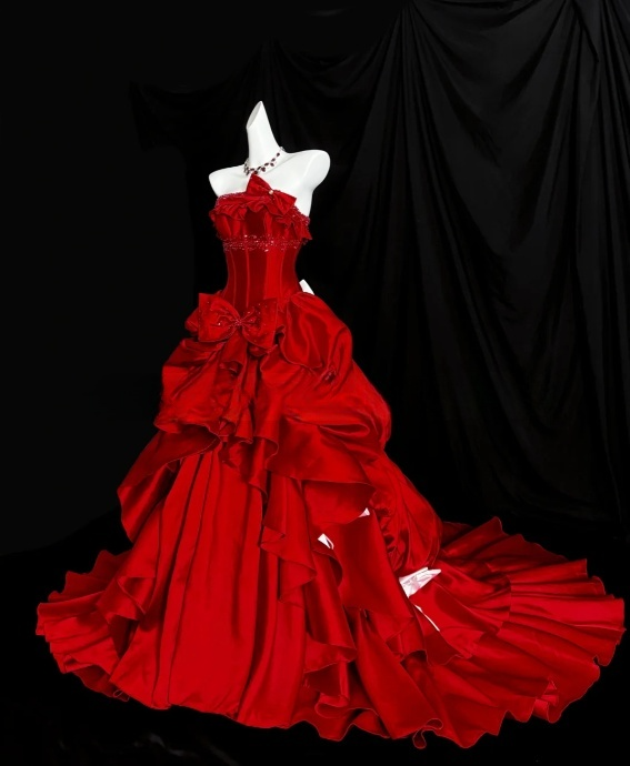Glamorous Red Strapless Layered Ruffles & Bow Detail Satin Sweet 16 Quinceanera Ball Gown DP7270