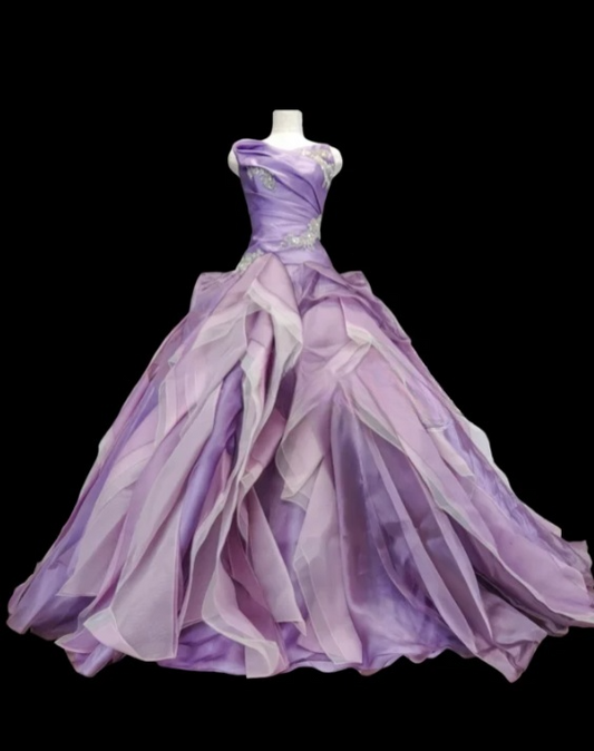Elegant Lavender Strapless Lace Applique Layered Organza Ruffles Sweet 16 Quinceanera Ball Gown DP7275