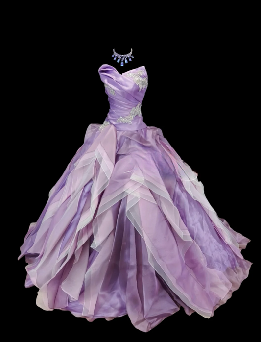 Elegant Lavender Strapless Lace Applique Layered Organza Ruffles Sweet 16 Quinceanera Ball Gown DP7275