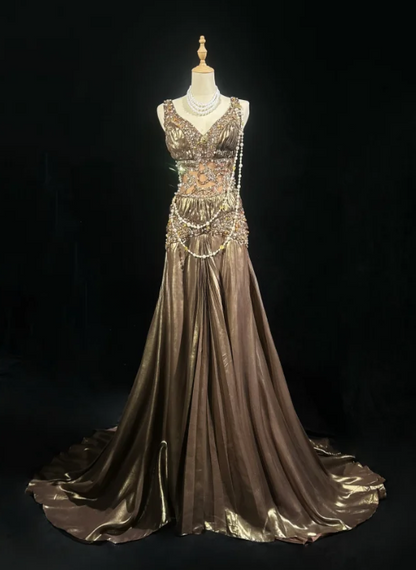 Glamorous Metallic V-Neck Beaded Embellishment & Pearl Details Maxi Prom Dress DP7284