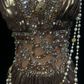 Glamorous Metallic V-Neck Beaded Embellishment & Pearl Details Maxi Prom Dress DP7284
